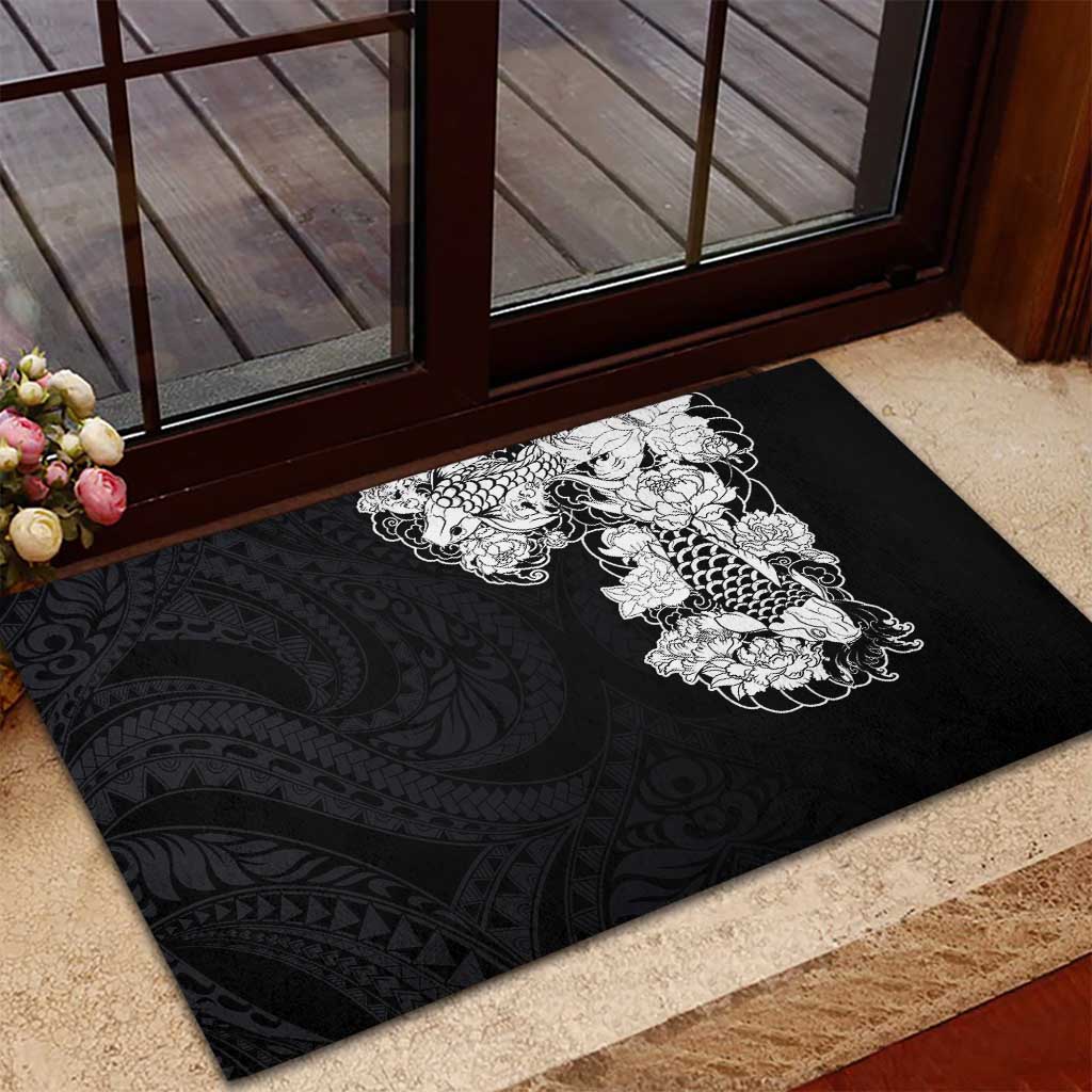 Hawaiian and Japanese Together Rubber Doormat Japanese Koi Fish Tattoo and Kakau Pattern Black Color LT03 - Polynesian Pride