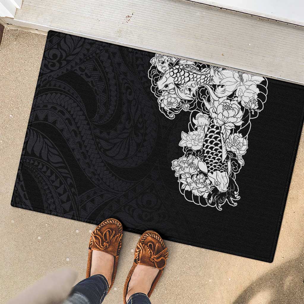 Hawaiian and Japanese Together Rubber Doormat Japanese Koi Fish Tattoo and Kakau Pattern Black Color LT03 - Polynesian Pride