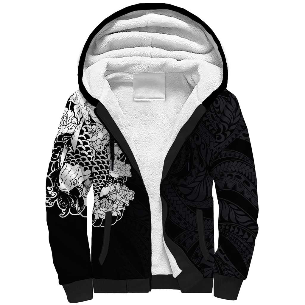 Hawaiian and Japanese Together Sherpa Hoodie Japanese Koi Fish Tattoo and Kakau Pattern Black Color LT03 Unisex Black - Polynesian Pride