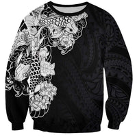 Hawaiian and Japanese Together Sweatshirt Japanese Koi Fish Tattoo and Kakau Pattern Black Color LT03 Unisex Black - Polynesian Pride
