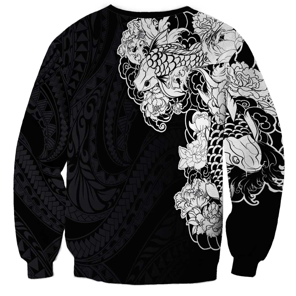 Hawaiian and Japanese Together Sweatshirt Japanese Koi Fish Tattoo and Kakau Pattern Black Color LT03 - Polynesian Pride