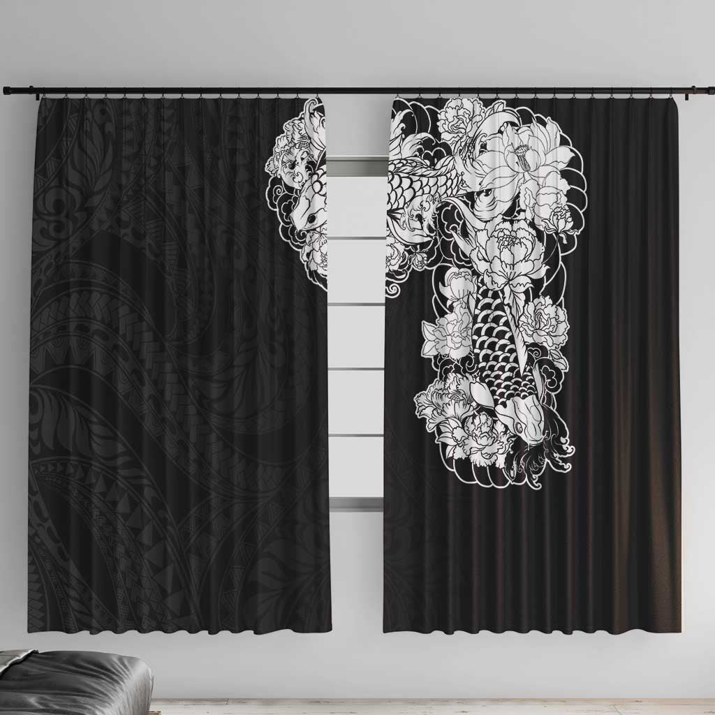 Hawaiian and Japanese Together Window Curtain Japanese Koi Fish Tattoo and Kakau Pattern Black Color LT03 With Hooks Black - Polynesian Pride