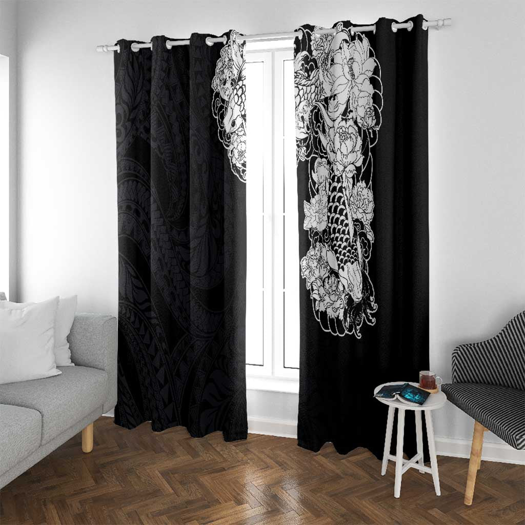 Hawaiian and Japanese Together Window Curtain Japanese Koi Fish Tattoo and Kakau Pattern Black Color LT03 With Grommets Black - Polynesian Pride