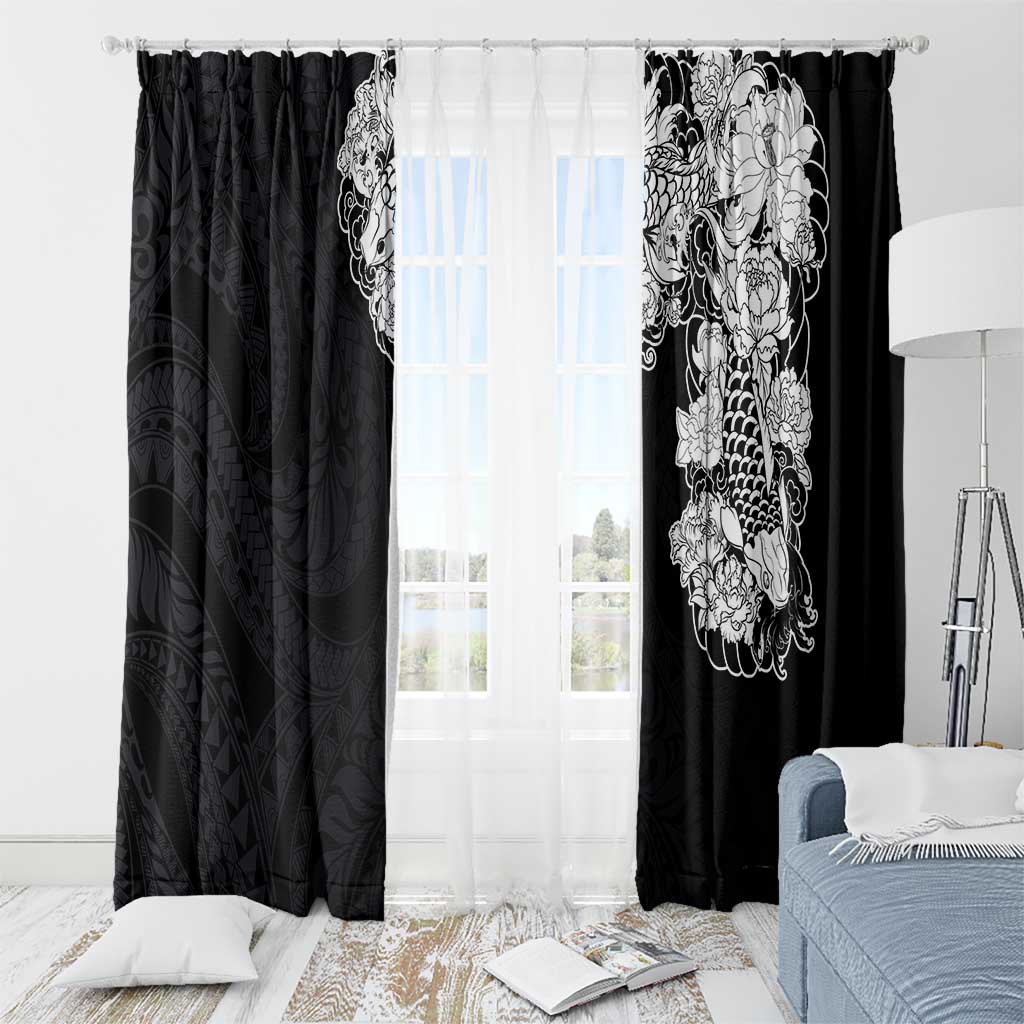 Hawaiian and Japanese Together Window Curtain Japanese Koi Fish Tattoo and Kakau Pattern Black Color LT03 - Polynesian Pride