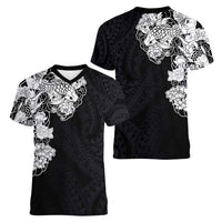Hawaiian and Japanese Together Women V-Neck T-Shirt Japanese Koi Fish Tattoo and Kakau Pattern Black Color