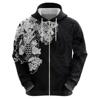 Hawaiian and Japanese Together Zip Hoodie Japanese Koi Fish Tattoo and Kakau Pattern Black Color