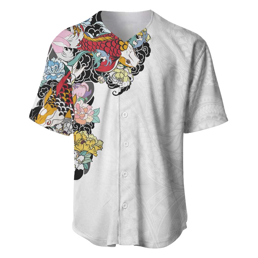 Hawaiian and Japanese Together Baseball Jersey Colorful Traditional Japanese Tattoo and Kakau Pattern White Color