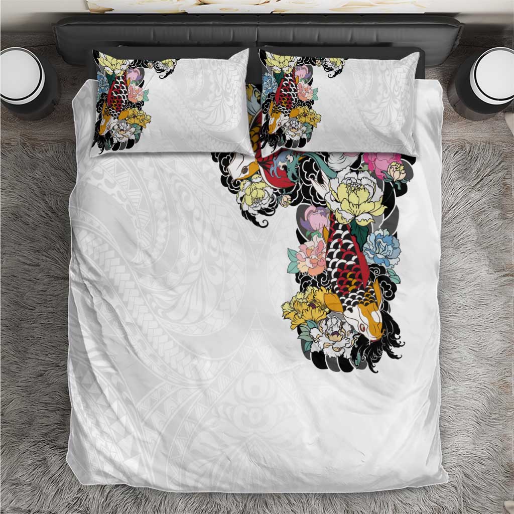 Hawaiian and Japanese Together Bedding Set Colorful Traditional Japanese Tattoo and Kakau Pattern White Color