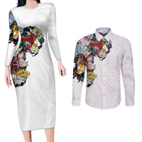 Hawaiian and Japanese Together Couples Matching Long Sleeve Bodycon Dress and Long Sleeve Button Shirt Colorful Traditional Japanese Tattoo and Kakau Pattern White Color LT03 White - Polynesian Pride