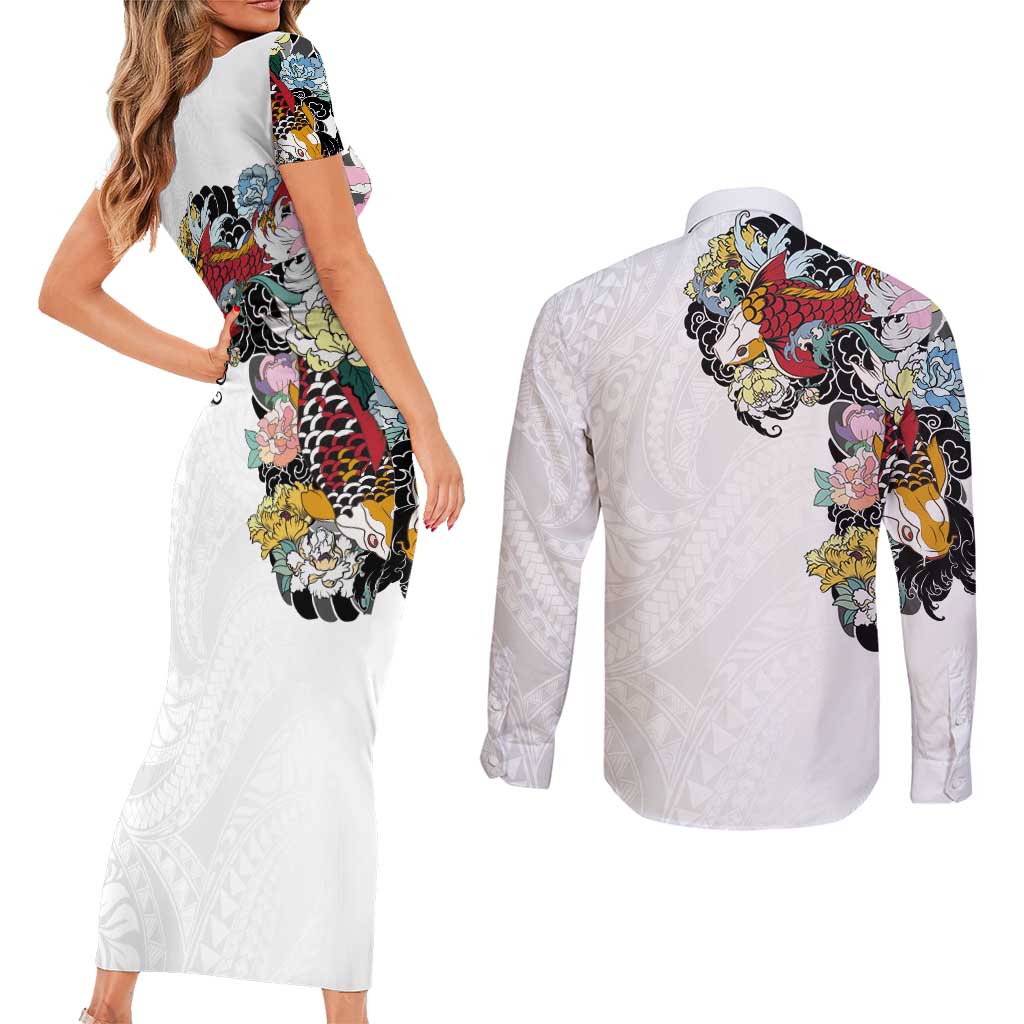 Hawaiian and Japanese Together Couples Matching Short Sleeve Bodycon Dress and Long Sleeve Button Shirt Colorful Traditional Japanese Tattoo and Kakau Pattern White Color LT03 - Polynesian Pride