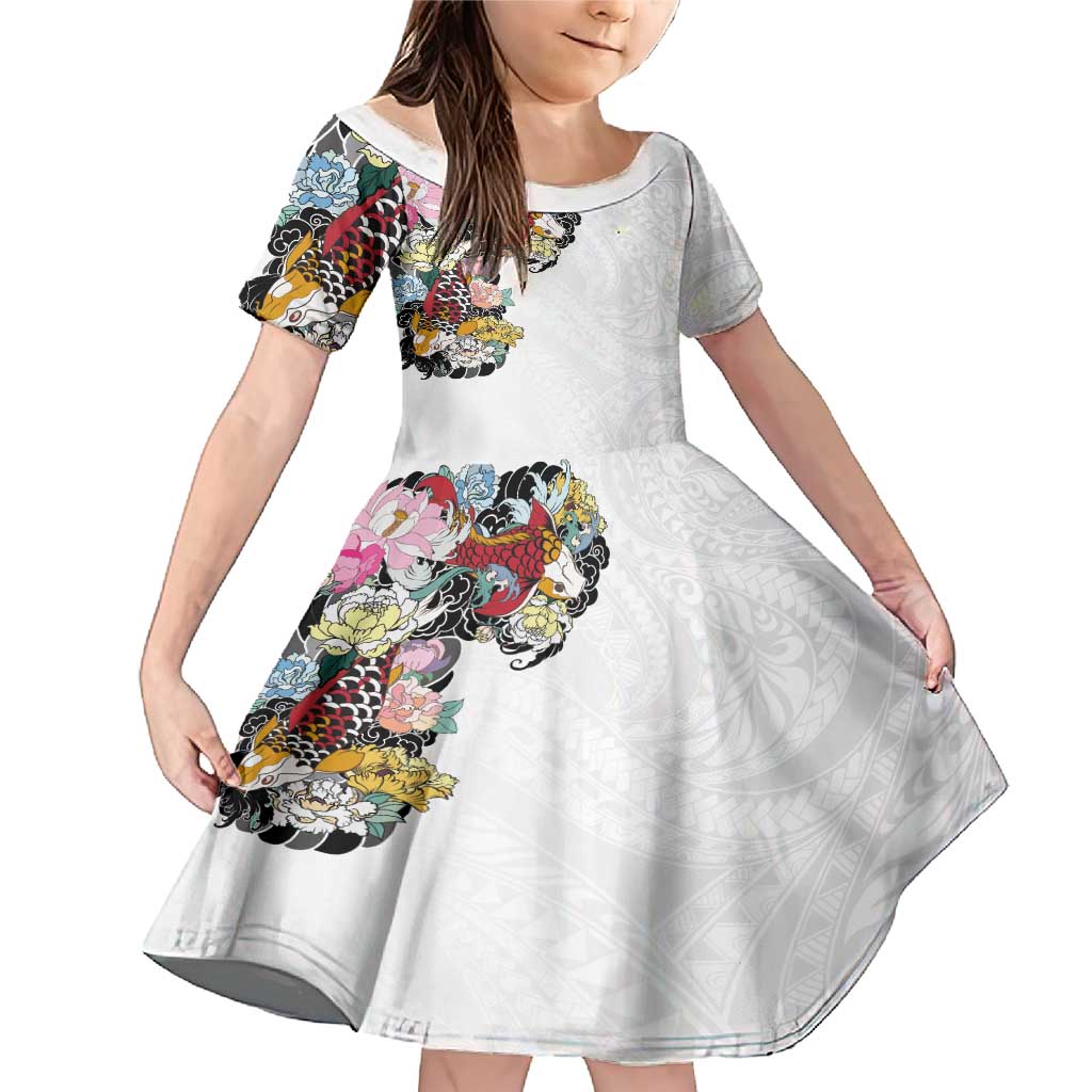 Hawaiian and Japanese Together Family Matching Mermaid Dress and Hawaiian Shirt Colorful Traditional Japanese Tattoo and Kakau Pattern White Color