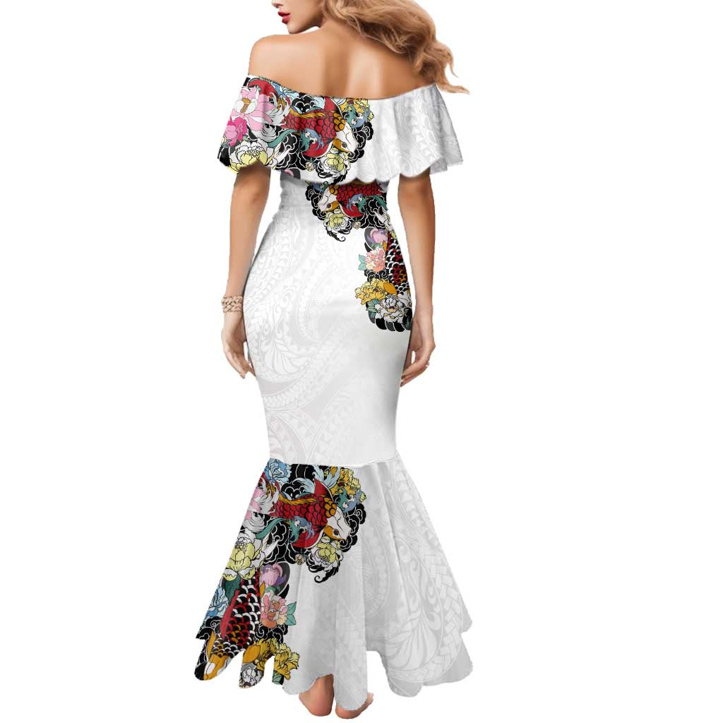 Hawaiian and Japanese Together Family Matching Mermaid Dress and Hawaiian Shirt Colorful Traditional Japanese Tattoo and Kakau Pattern White Color