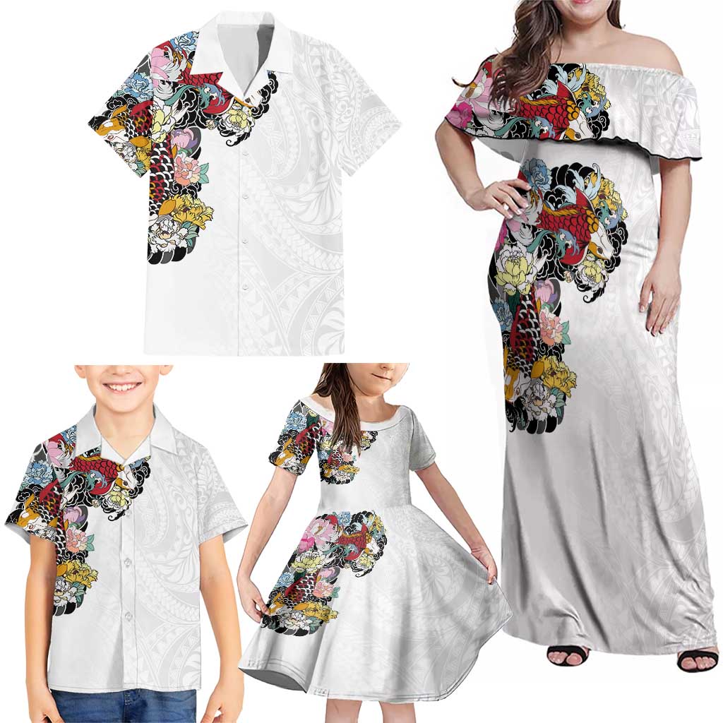 Hawaiian and Japanese Together Family Matching Off Shoulder Maxi Dress and Hawaiian Shirt Colorful Traditional Japanese Tattoo and Kakau Pattern White Color