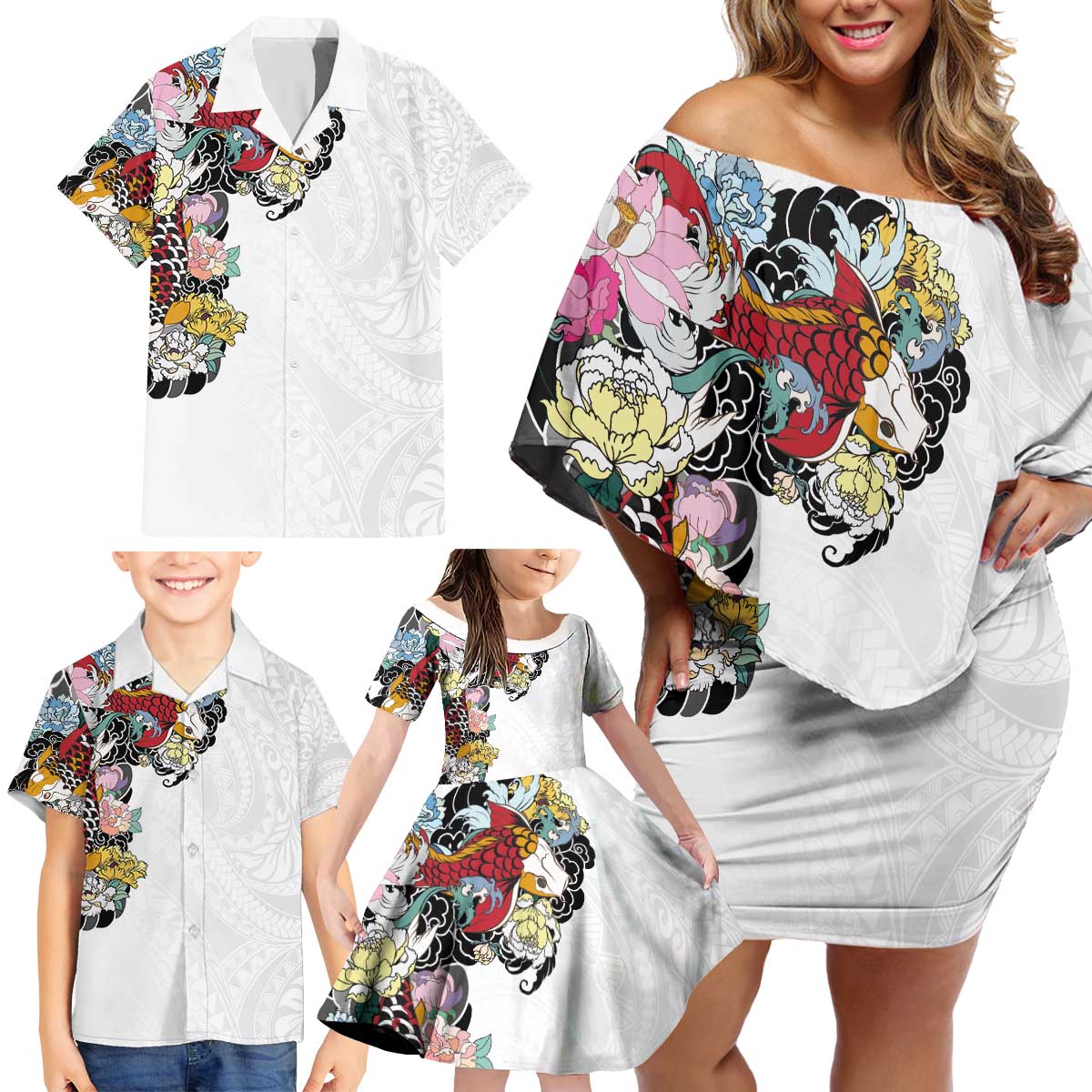 Hawaiian and Japanese Together Family Matching Off Shoulder Short Dress and Hawaiian Shirt Colorful Traditional Japanese Tattoo and Kakau Pattern White Color