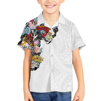 Hawaiian and Japanese Together Family Matching Off Shoulder Short Dress and Hawaiian Shirt Colorful Traditional Japanese Tattoo and Kakau Pattern White Color