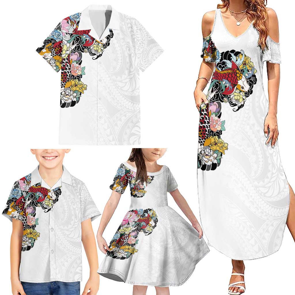 Hawaiian and Japanese Together Family Matching Summer Maxi Dress and Hawaiian Shirt Colorful Traditional Japanese Tattoo and Kakau Pattern White Color