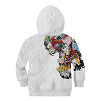 Hawaiian and Japanese Together Kid Hoodie Colorful Traditional Japanese Tattoo and Kakau Pattern White Color