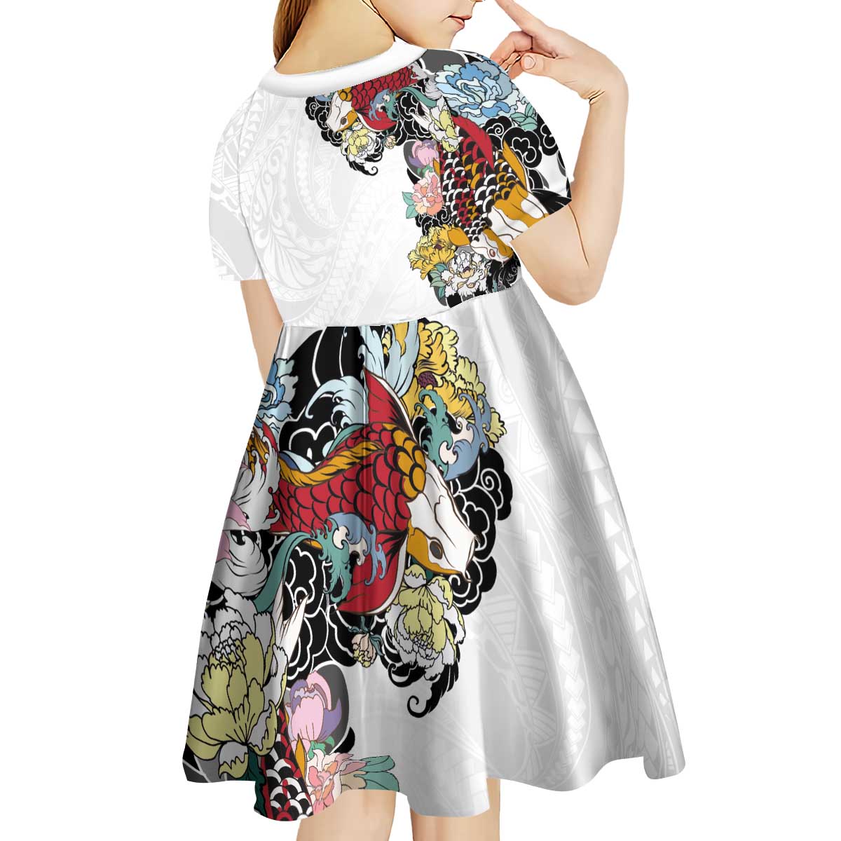 Hawaiian and Japanese Together Kid Short Sleeve Dress Colorful Traditional Japanese Tattoo and Kakau Pattern White Color