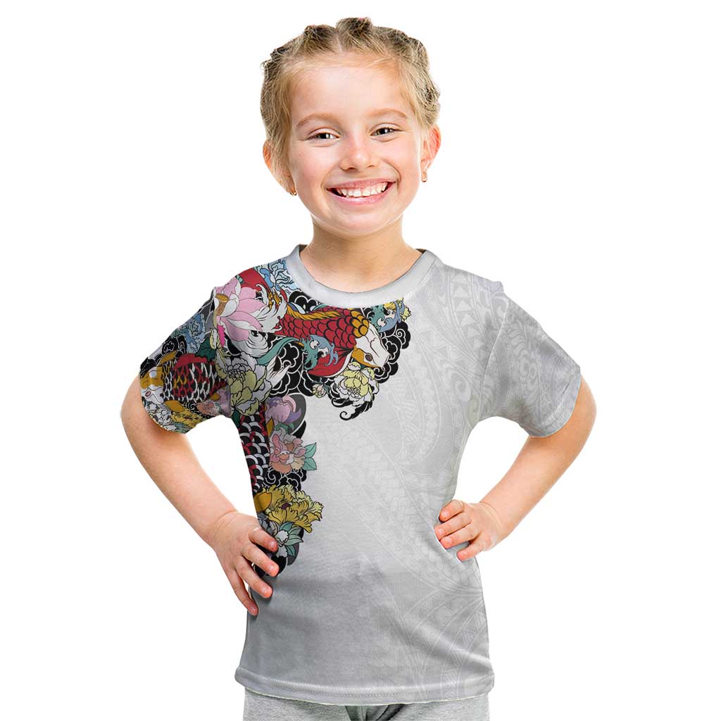 Hawaiian and Japanese Together Kid T Shirt Colorful Traditional Japanese Tattoo and Kakau Pattern White Color