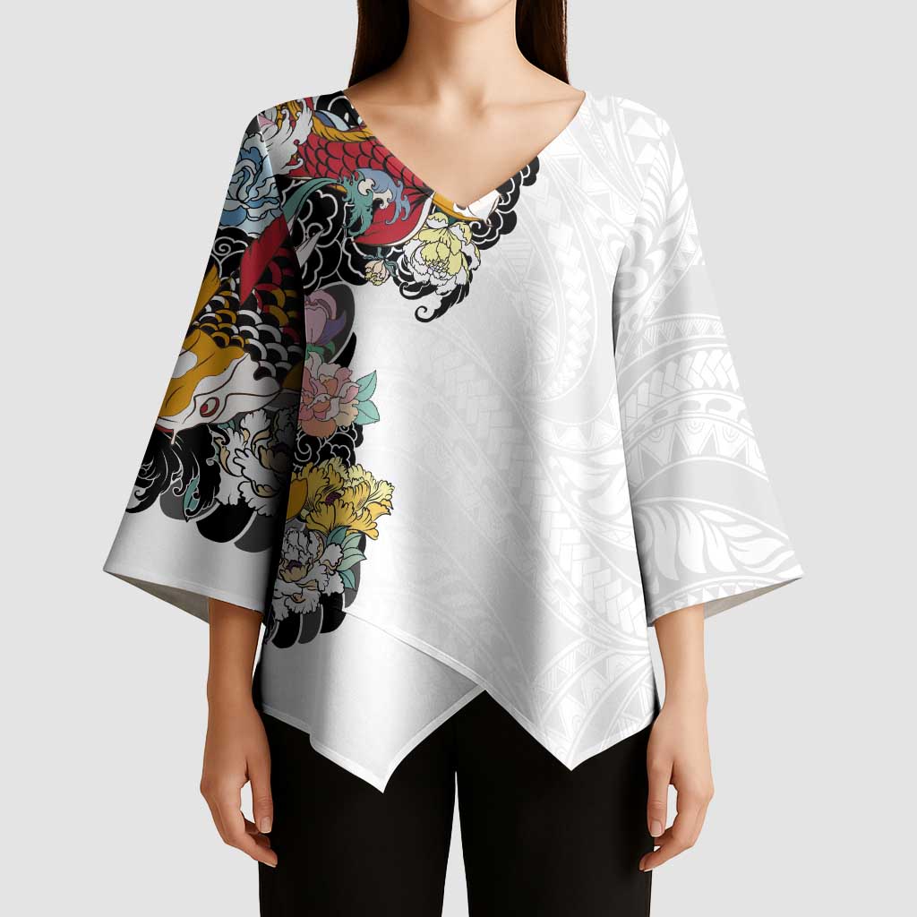 Hawaiian and Japanese Together Kimono Sleeve Blouse Colorful Traditional Japanese Tattoo and Kakau Pattern White Color - Polynesian Pride