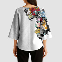 Hawaiian and Japanese Together Kimono Sleeve Blouse Colorful Traditional Japanese Tattoo and Kakau Pattern White Color - Polynesian Pride