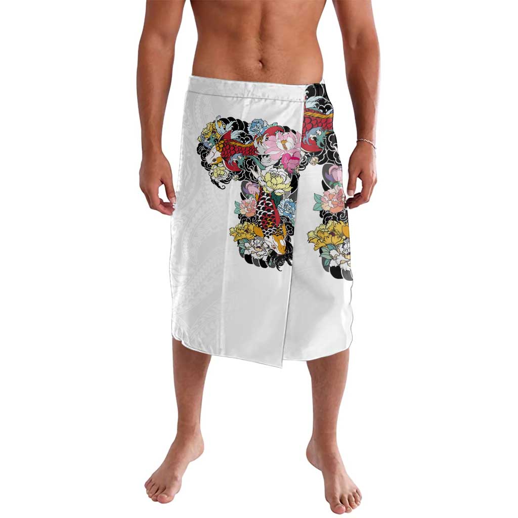 Hawaiian and Japanese Together Lavalava Colorful Traditional Japanese Tattoo and Kakau Pattern White Color LT03 White - Polynesian Pride