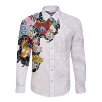 Hawaiian and Japanese Together Long Sleeve Button Shirt Colorful Traditional Japanese Tattoo and Kakau Pattern White Color