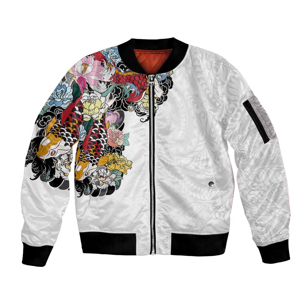 Hawaiian and Japanese Together Sleeve Zip Bomber Jacket Colorful Traditional Japanese Tattoo and Kakau Pattern White Color