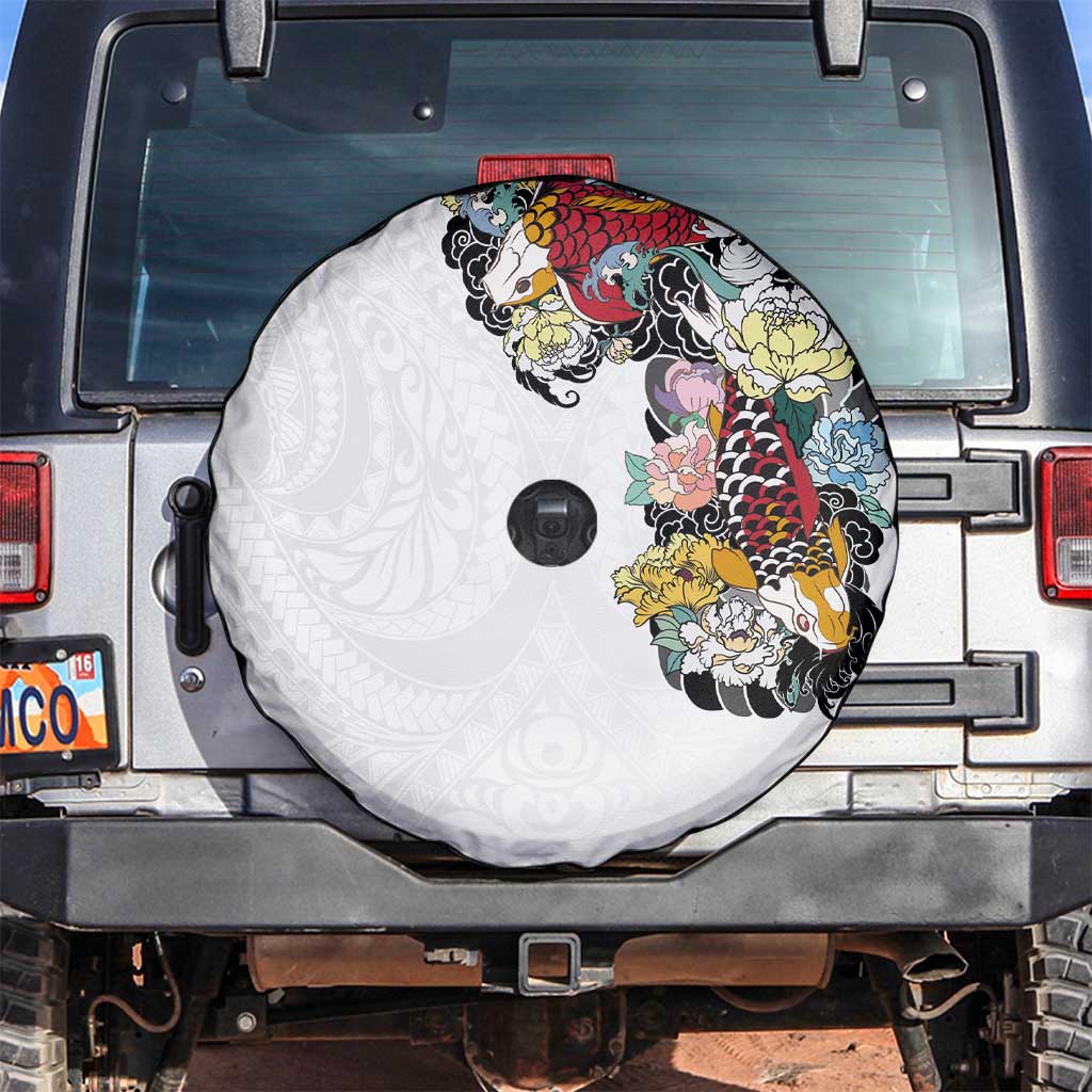 Hawaiian and Japanese Together Spare Tire Cover Colorful Traditional Japanese Tattoo and Kakau Pattern White Color