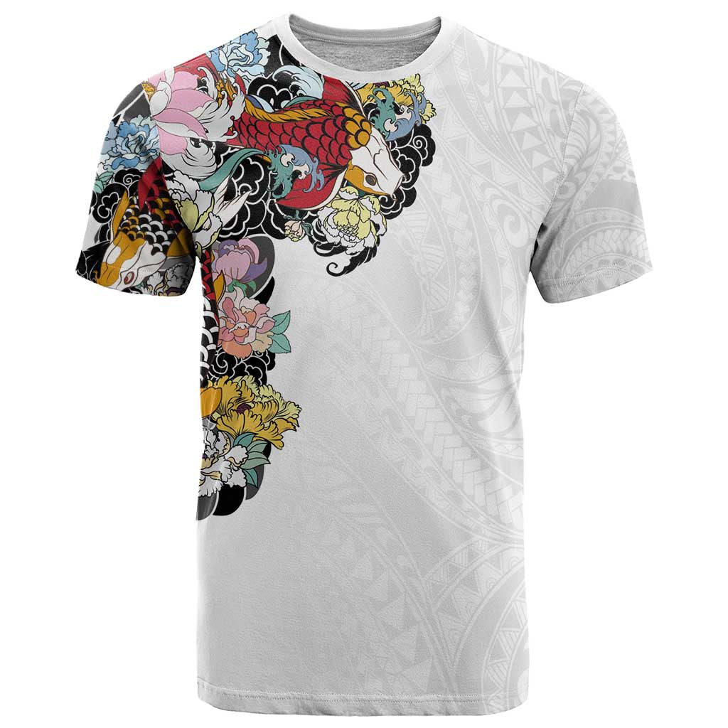 Hawaiian and Japanese Together T Shirt Colorful Traditional Japanese Tattoo and Kakau Pattern White Color