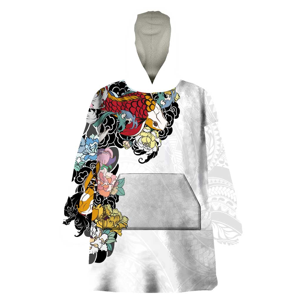 Hawaiian and Japanese Together Wearable Blanket Hoodie Colorful Traditional Japanese Tattoo and Kakau Pattern White Color