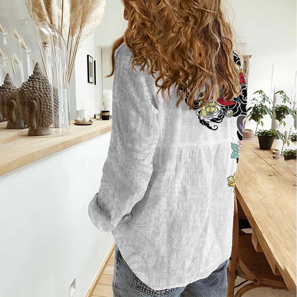 Hawaiian and Japanese Together Women Casual Shirt Colorful Traditional Japanese Tattoo and Kakau Pattern White Color