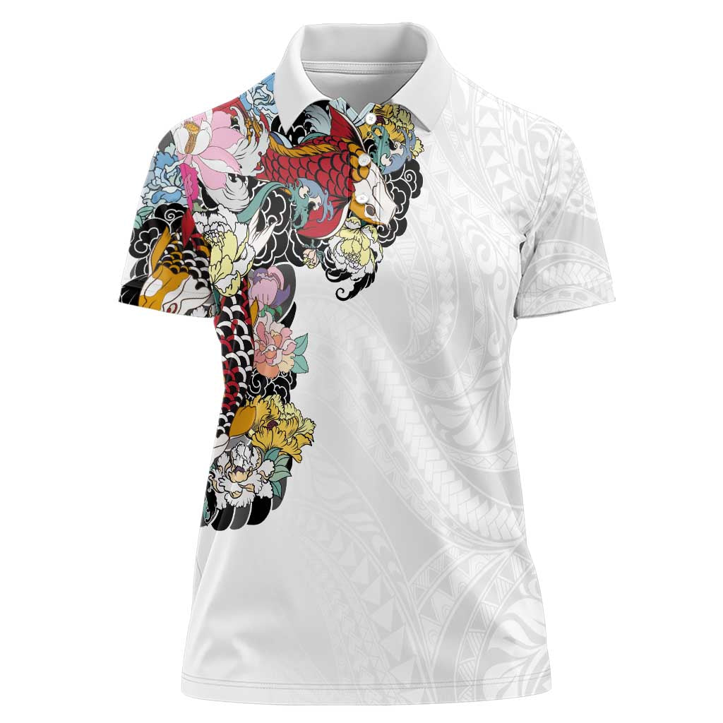 Hawaiian and Japanese Together Women Polo Shirt Colorful Traditional Japanese Tattoo and Kakau Pattern White Color