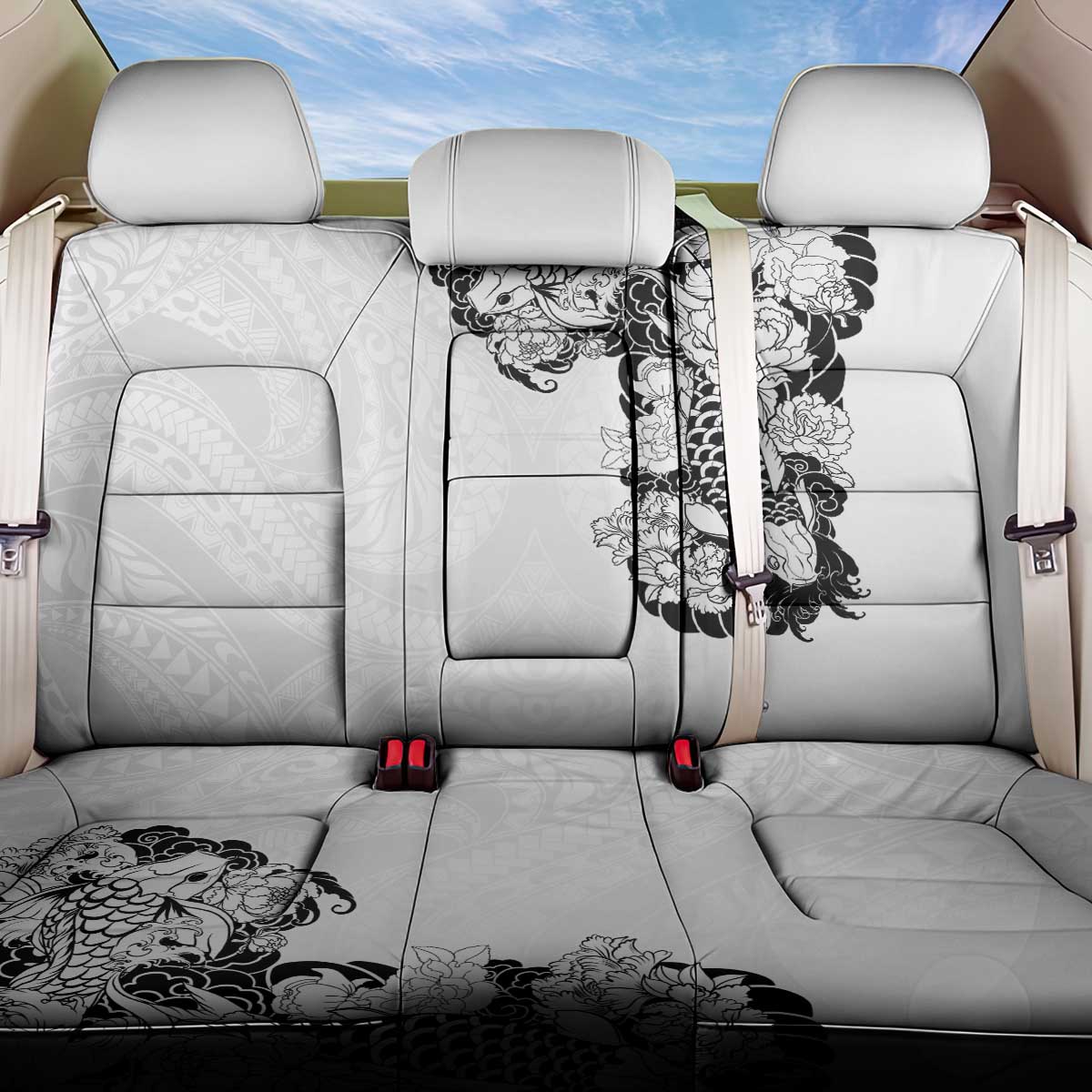 Hawaiian and Japanese Together Back Car Seat Cover Japanese Koi Fish Tattoo and Kakau Pattern White Color