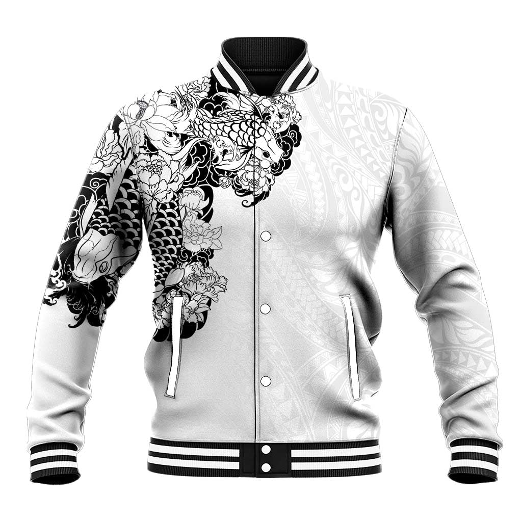Hawaiian and Japanese Together Baseball Jacket Japanese Koi Fish Tattoo and Kakau Pattern White Color LT03 Unisex White - Polynesian Pride