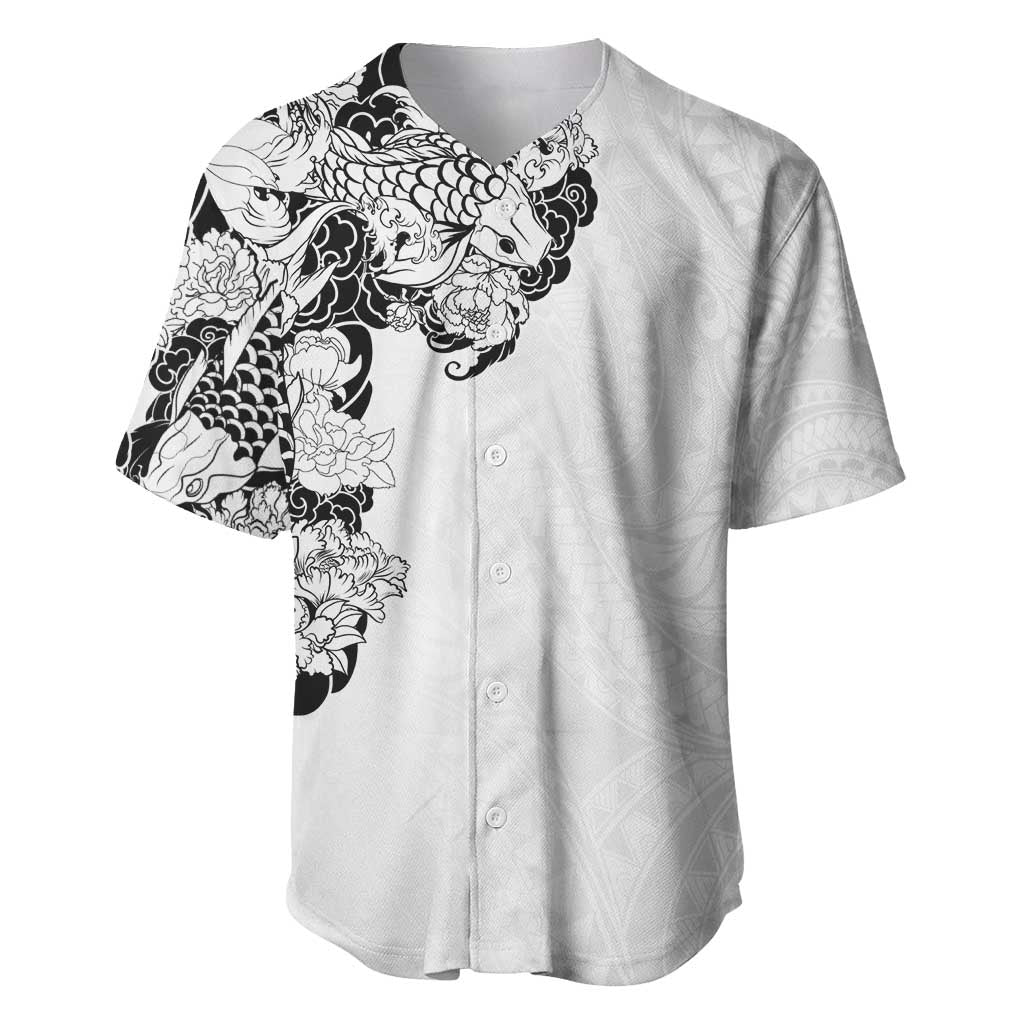 Hawaiian and Japanese Together Baseball Jersey Japanese Koi Fish Tattoo and Kakau Pattern White Color