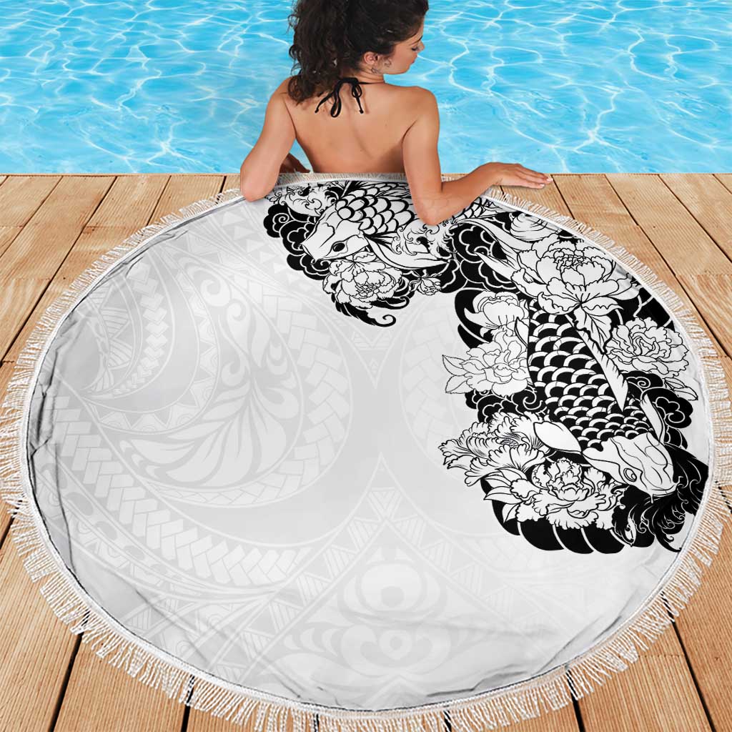 Hawaiian and Japanese Together Beach Blanket Japanese Koi Fish Tattoo and Kakau Pattern White Color LT03 - Polynesian Pride