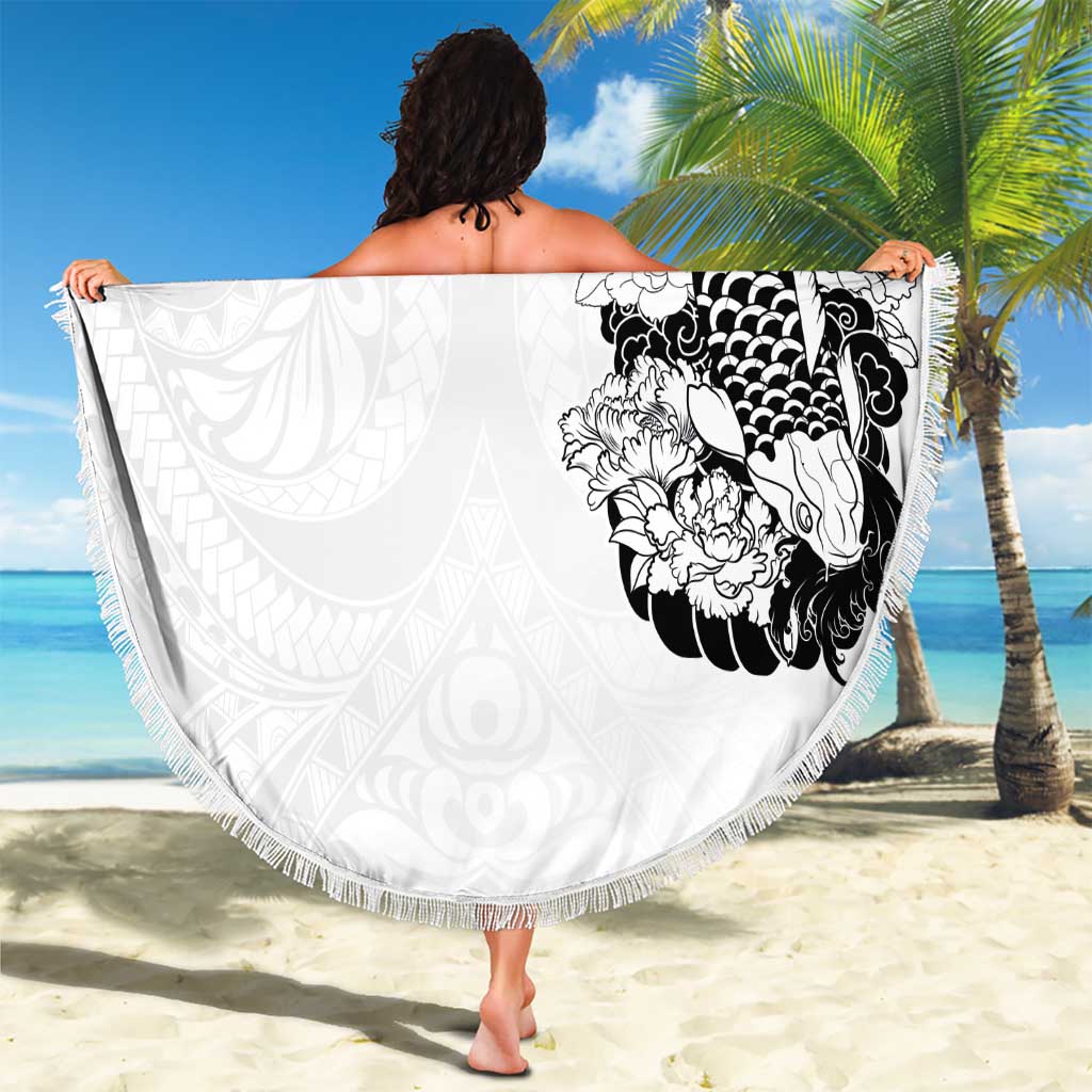 Hawaiian and Japanese Together Beach Blanket Japanese Koi Fish Tattoo and Kakau Pattern White Color LT03 - Polynesian Pride