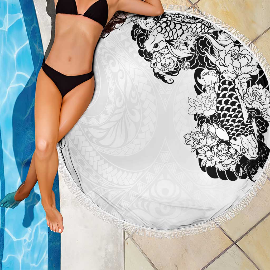 Hawaiian and Japanese Together Beach Blanket Japanese Koi Fish Tattoo and Kakau Pattern White Color LT03 - Polynesian Pride