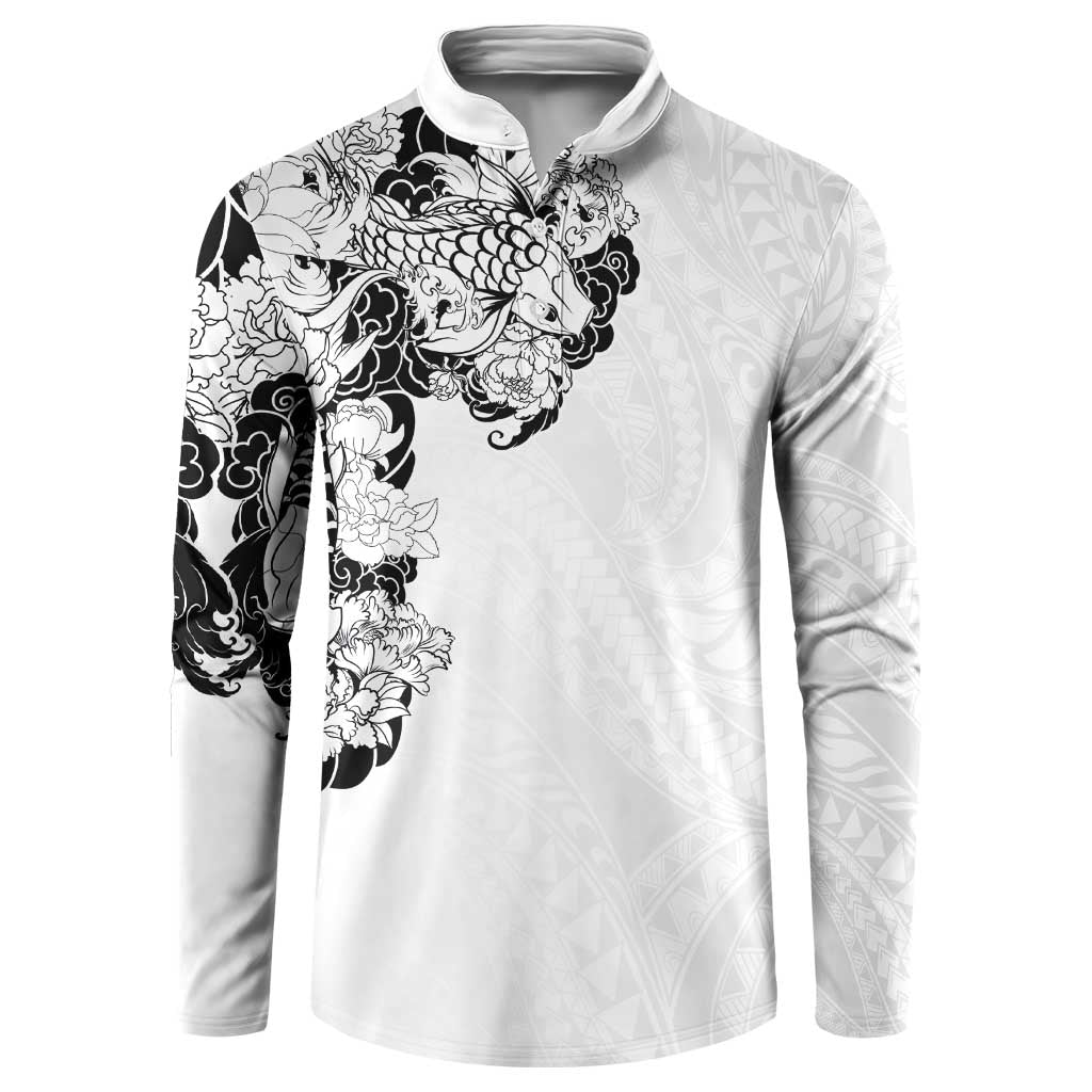 Hawaiian and Japanese Together Button Sweatshirt Japanese Koi Fish Tattoo and Kakau Pattern White Color LT03 White - Polynesian Pride