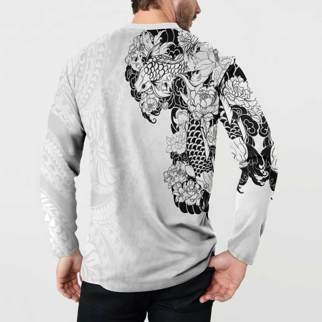 Hawaiian and Japanese Together Button Sweatshirt Japanese Koi Fish Tattoo and Kakau Pattern White Color LT03 - Polynesian Pride