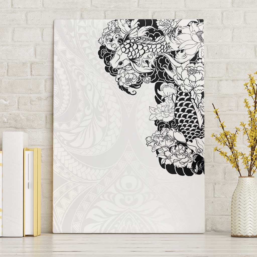 Hawaiian and Japanese Together Canvas Wall Art Japanese Koi Fish Tattoo and Kakau Pattern White Color LT03 Without Frame White - Polynesian Pride