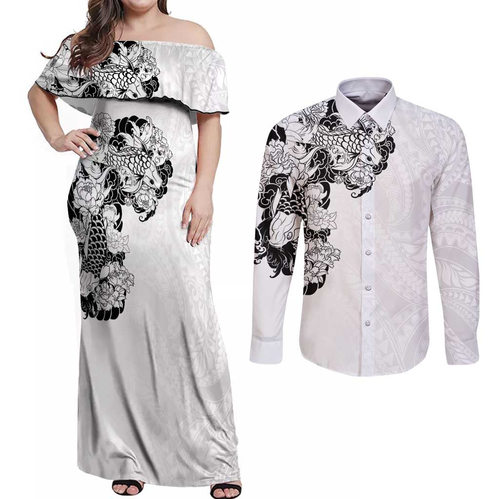 Hawaiian and Japanese Together Couples Matching Off Shoulder Maxi Dress and Long Sleeve Button Shirt Japanese Koi Fish Tattoo and Kakau Pattern White Color LT03 White - Polynesian Pride