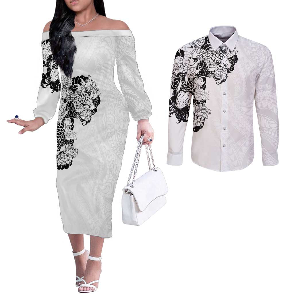 Hawaiian and Japanese Together Couples Matching Off The Shoulder Long Sleeve Dress and Long Sleeve Button Shirt Japanese Koi Fish Tattoo and Kakau Pattern White Color LT03 White - Polynesian Pride