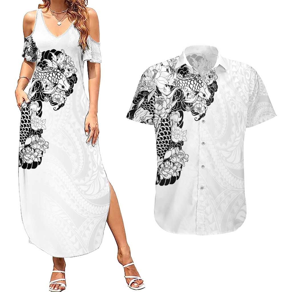 Hawaiian and Japanese Together Couples Matching Summer Maxi Dress and Hawaiian Shirt Japanese Koi Fish Tattoo and Kakau Pattern White Color LT03 White - Polynesian Pride