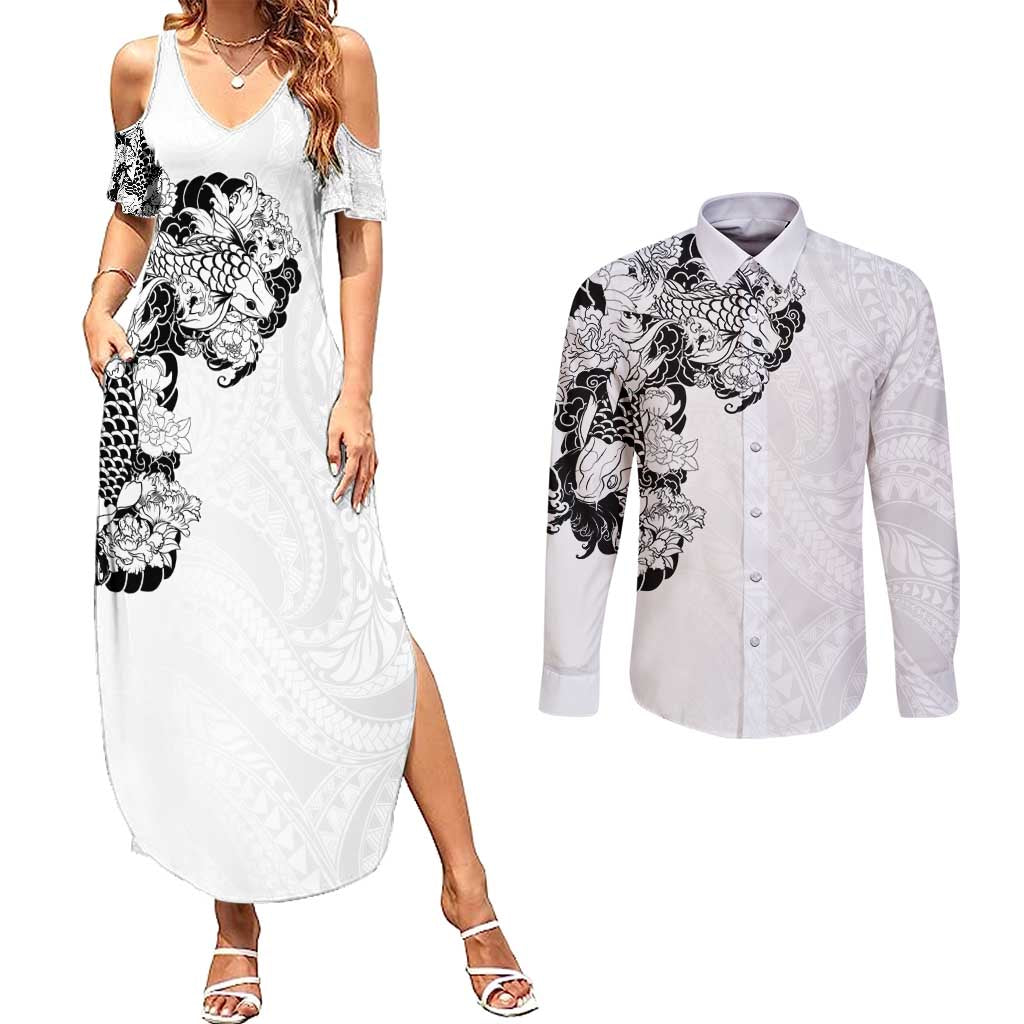 Hawaiian and Japanese Together Couples Matching Summer Maxi Dress and Long Sleeve Button Shirt Japanese Koi Fish Tattoo and Kakau Pattern White Color LT03 White - Polynesian Pride