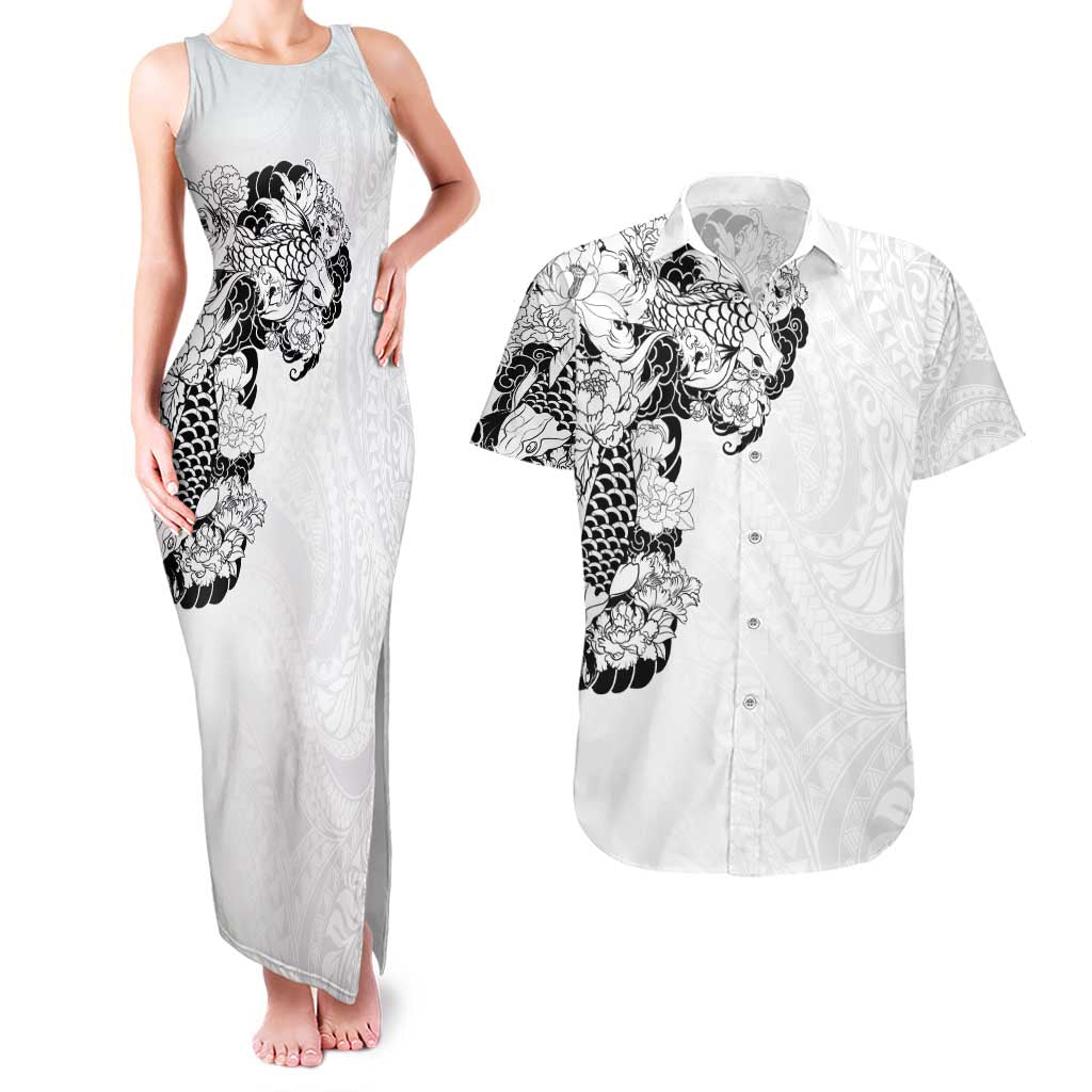 Hawaiian and Japanese Together Couples Matching Tank Maxi Dress and Hawaiian Shirt Japanese Koi Fish Tattoo and Kakau Pattern White Color LT03 White - Polynesian Pride
