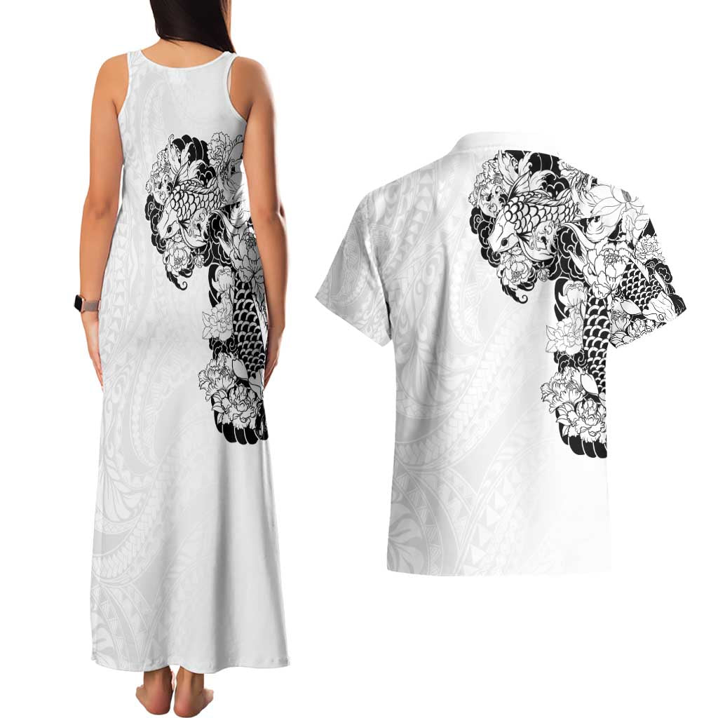 Hawaiian and Japanese Together Couples Matching Tank Maxi Dress and Hawaiian Shirt Japanese Koi Fish Tattoo and Kakau Pattern White Color LT03 - Polynesian Pride