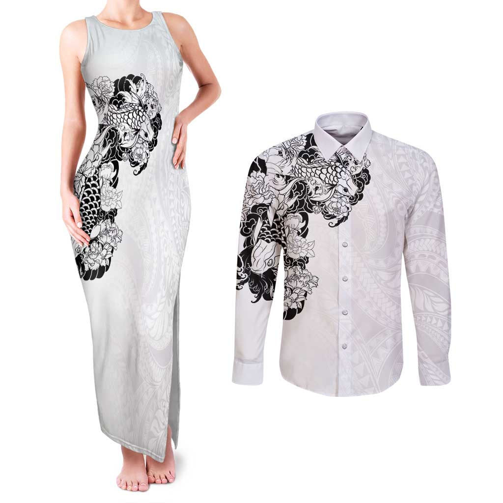 Hawaiian and Japanese Together Couples Matching Tank Maxi Dress and Long Sleeve Button Shirt Japanese Koi Fish Tattoo and Kakau Pattern White Color LT03 White - Polynesian Pride