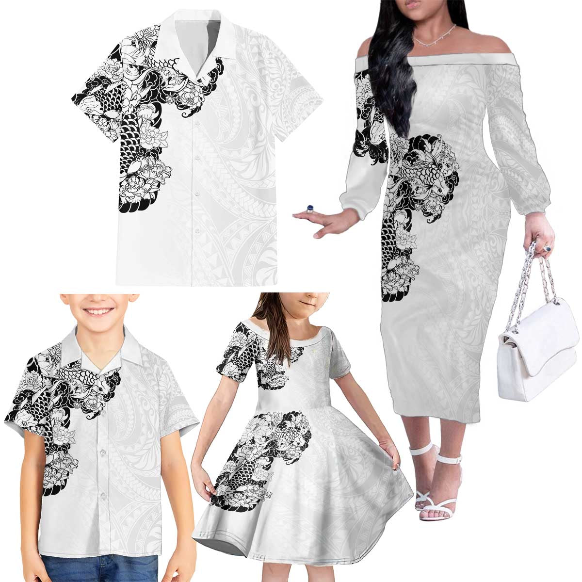 Hawaiian and Japanese Together Family Matching Off The Shoulder Long Sleeve Dress and Hawaiian Shirt Japanese Koi Fish Tattoo and Kakau Pattern White Color